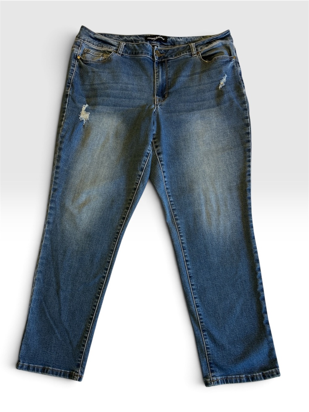 Women's Plus Stretch Straight Leg Distressed Mid-Rise Jeans - Blue